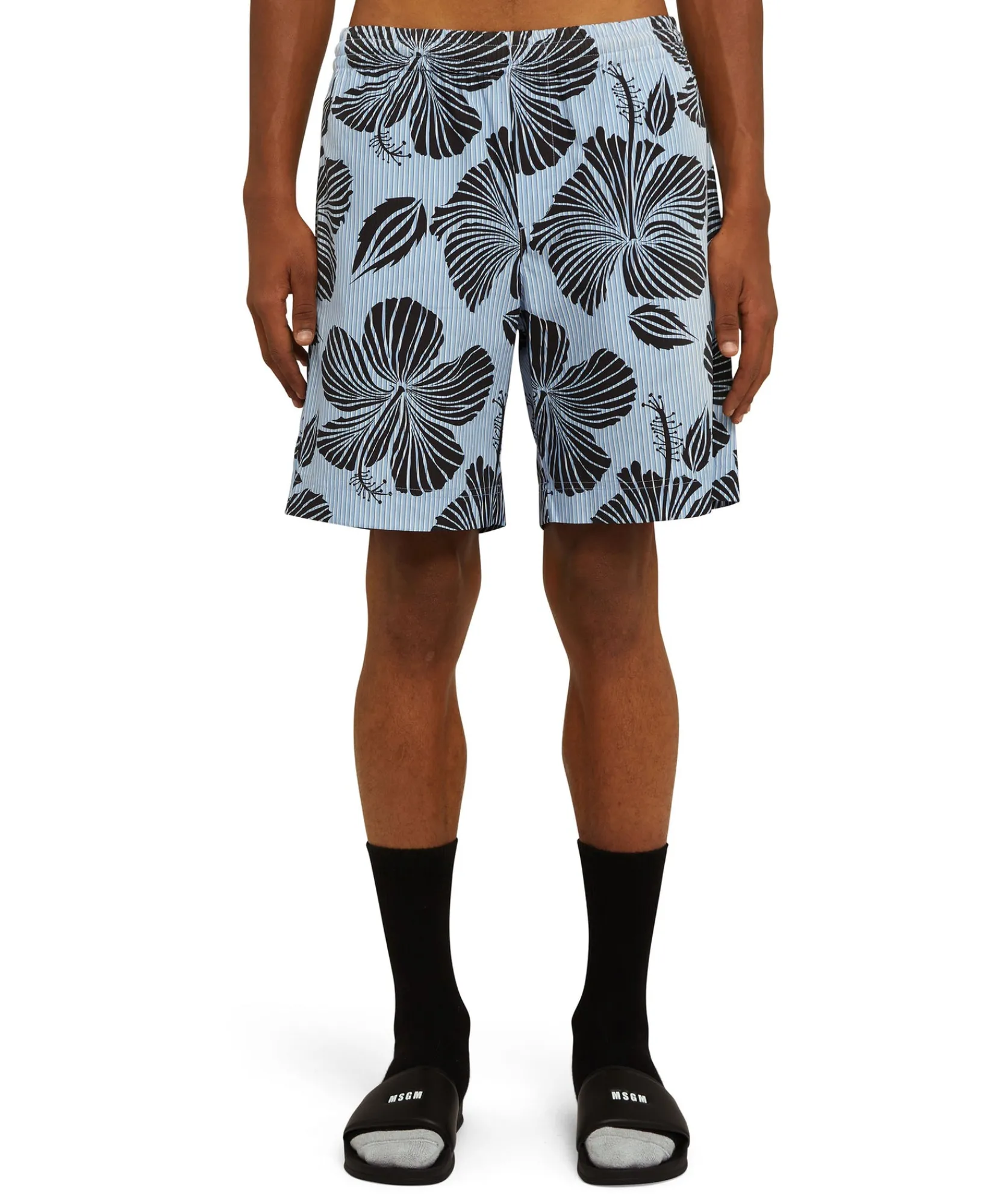 Bermuda In Cotone Popeline Bacchettato Con Stampa "Hibiscus"^MSGM Outlet