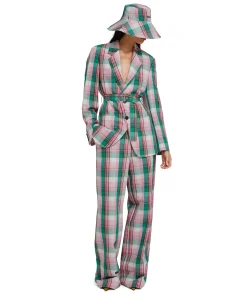 Blazer Monopetto In Lino Madras Con Cintura In Vita^MSGM Sale