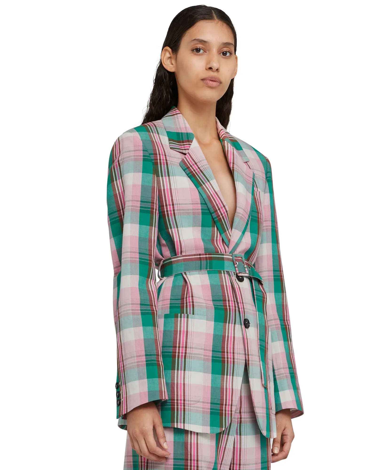 Blazer Monopetto In Lino Madras Con Cintura In Vita^MSGM Sale
