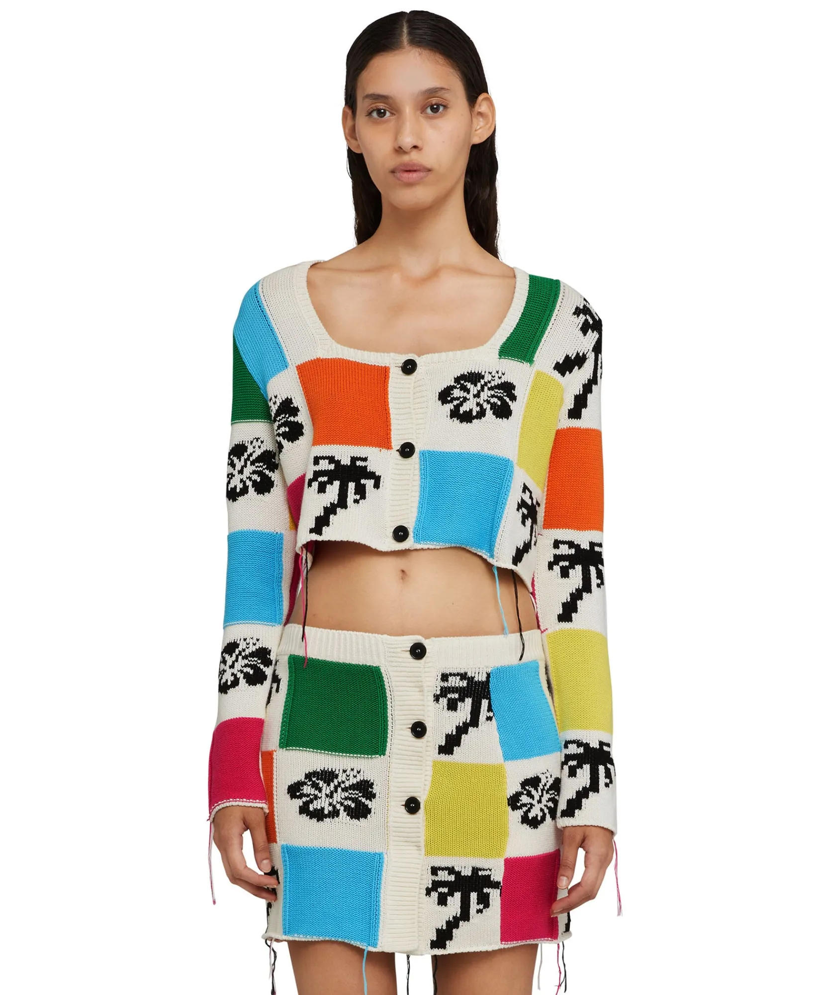 Cardigan Crop In Maglia Patchwork Con Intarsi Di Hibiscus E Palme^MSGM Flash Sale