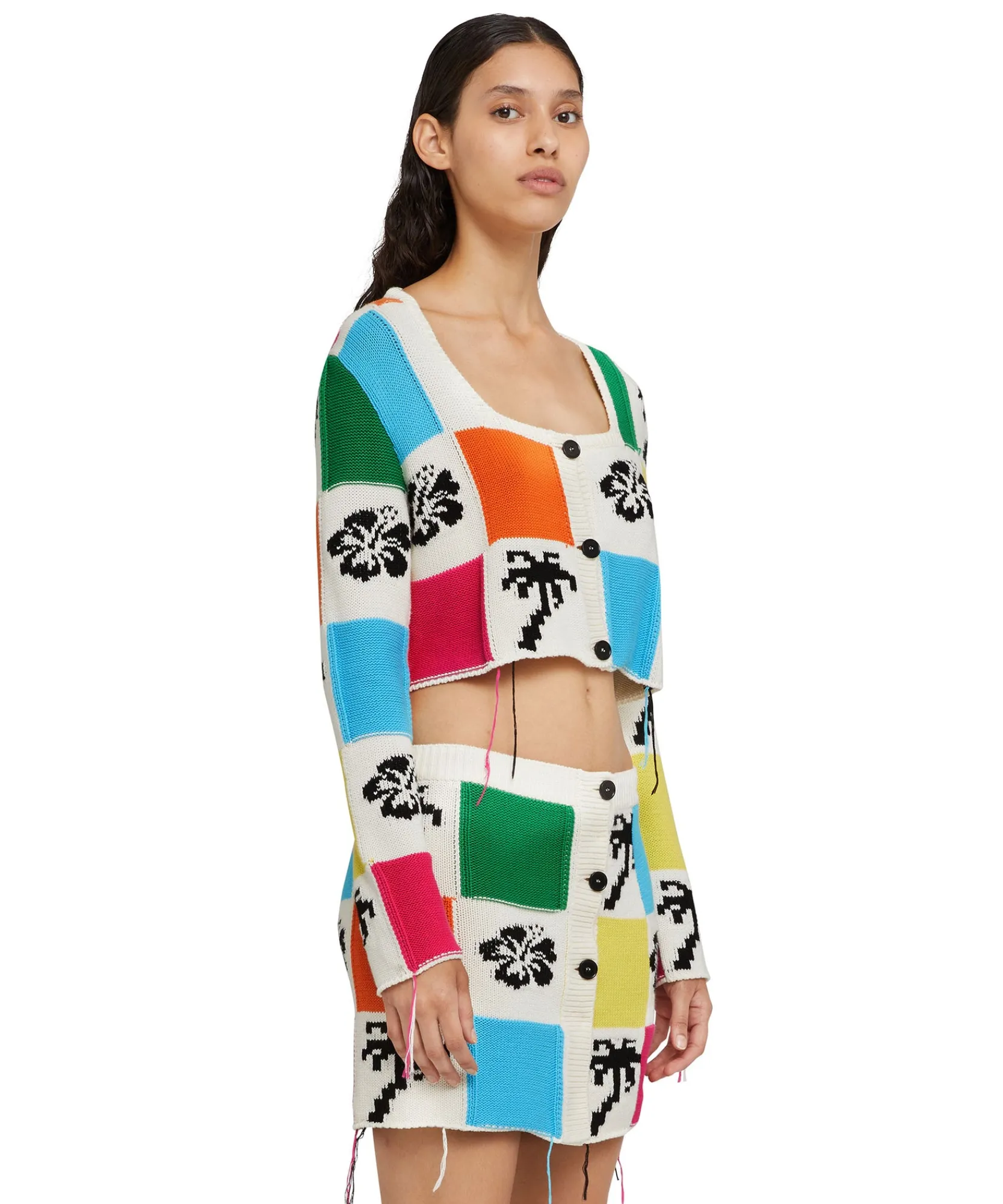 Cardigan Crop In Maglia Patchwork Con Intarsi Di Hibiscus E Palme^MSGM Flash Sale