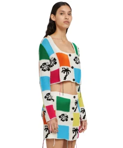 Cardigan Crop In Maglia Patchwork Con Intarsi Di Hibiscus E Palme^MSGM Fashion