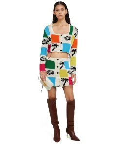Cardigan Crop In Maglia Patchwork Con Intarsi Di Hibiscus E Palme^MSGM Fashion