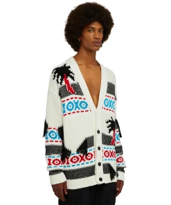 Cardigan In Cotone Jacquard Con Motivo Ad Intarsio