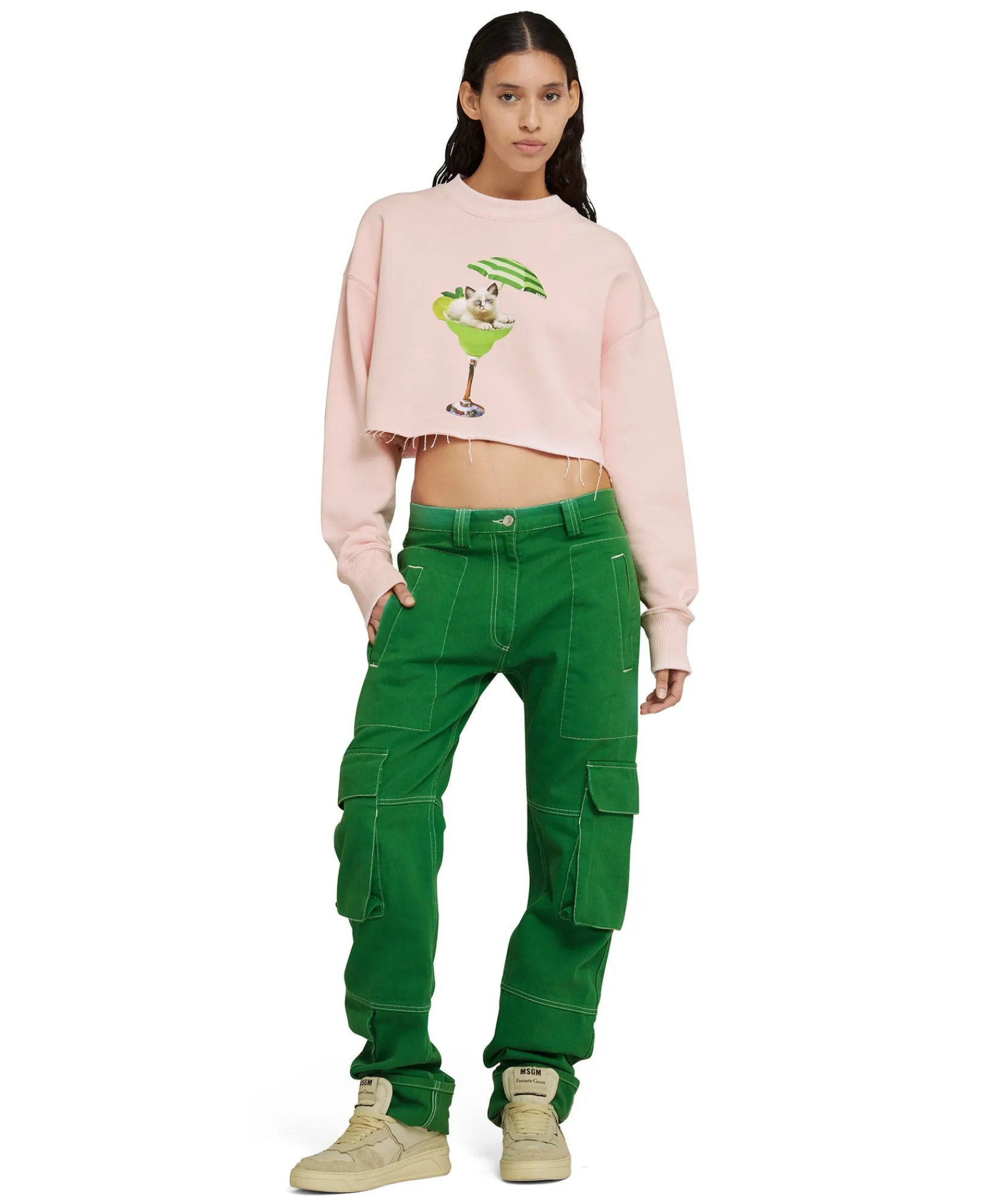 Felpa Crop Girocollo In Cotone Con Grafica "Cocktail Cat"^MSGM Fashion