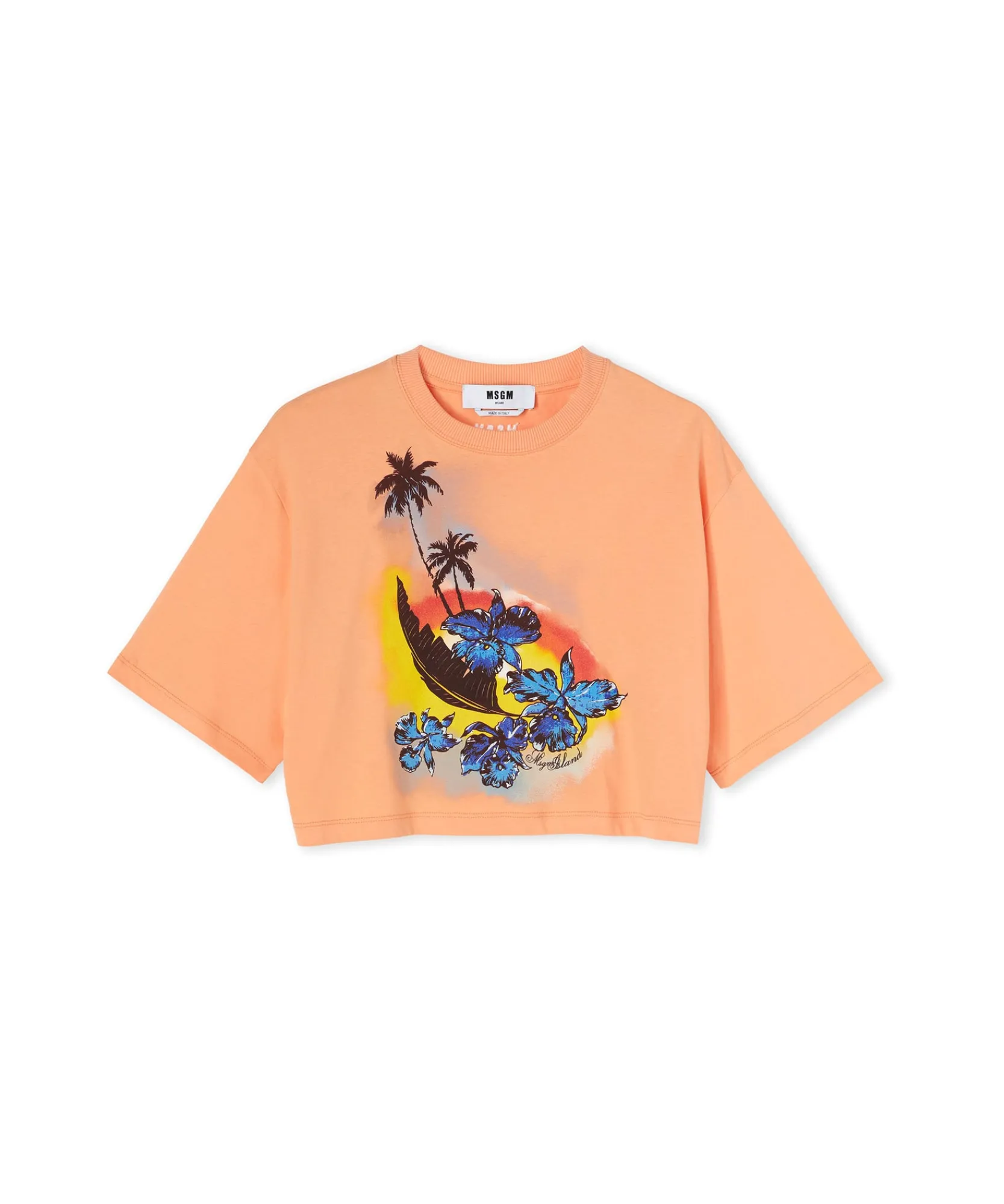 T-Shirt Crop Girocollo In Cotone Tinta Unita Con Grafica " Sunset"^MSGM Outlet