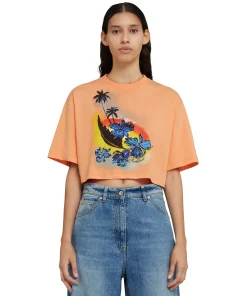 T-Shirt Crop Girocollo In Cotone Tinta Unita Con Grafica