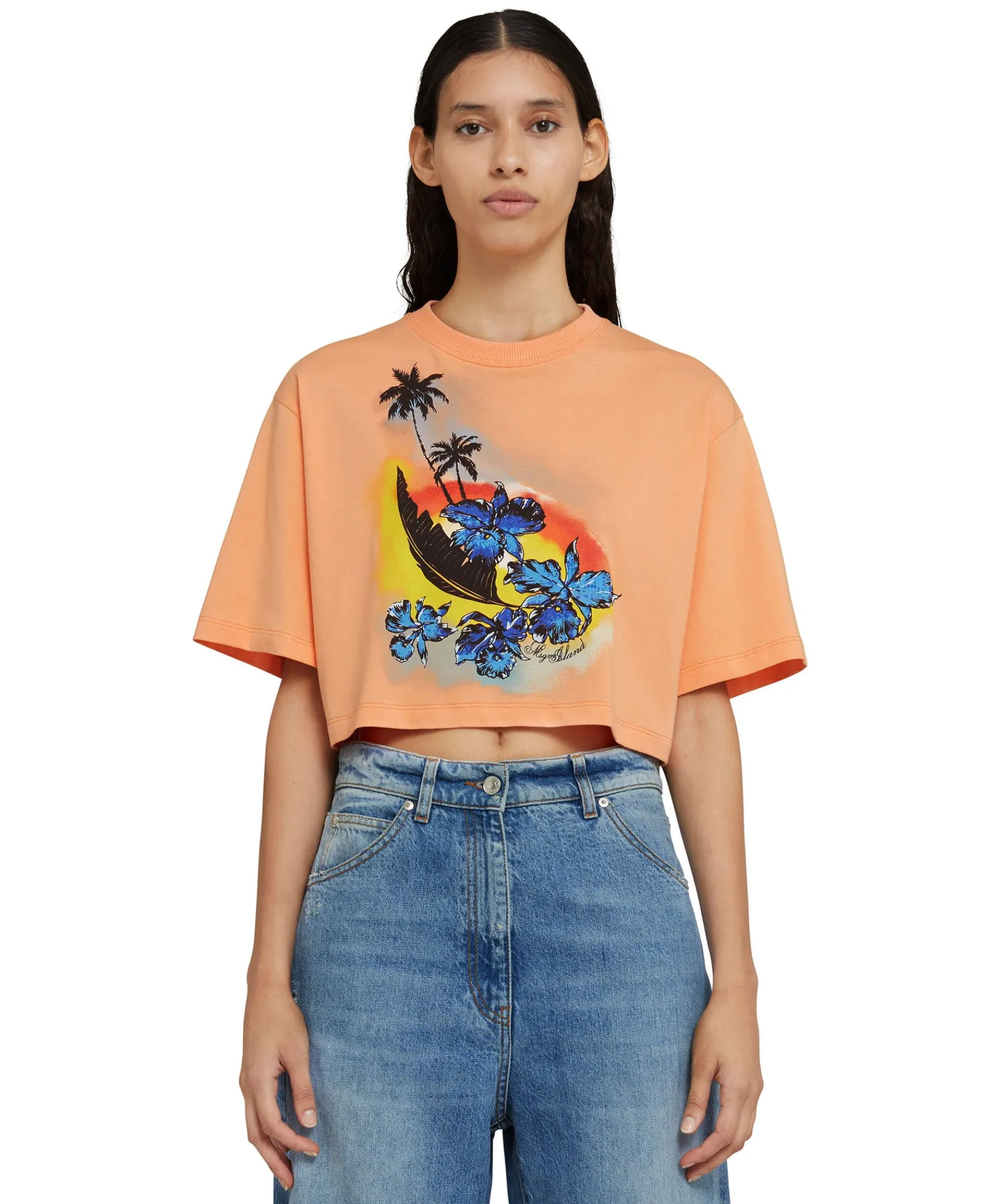 T-Shirt Crop Girocollo In Cotone Tinta Unita Con Grafica " Sunset"^MSGM Outlet