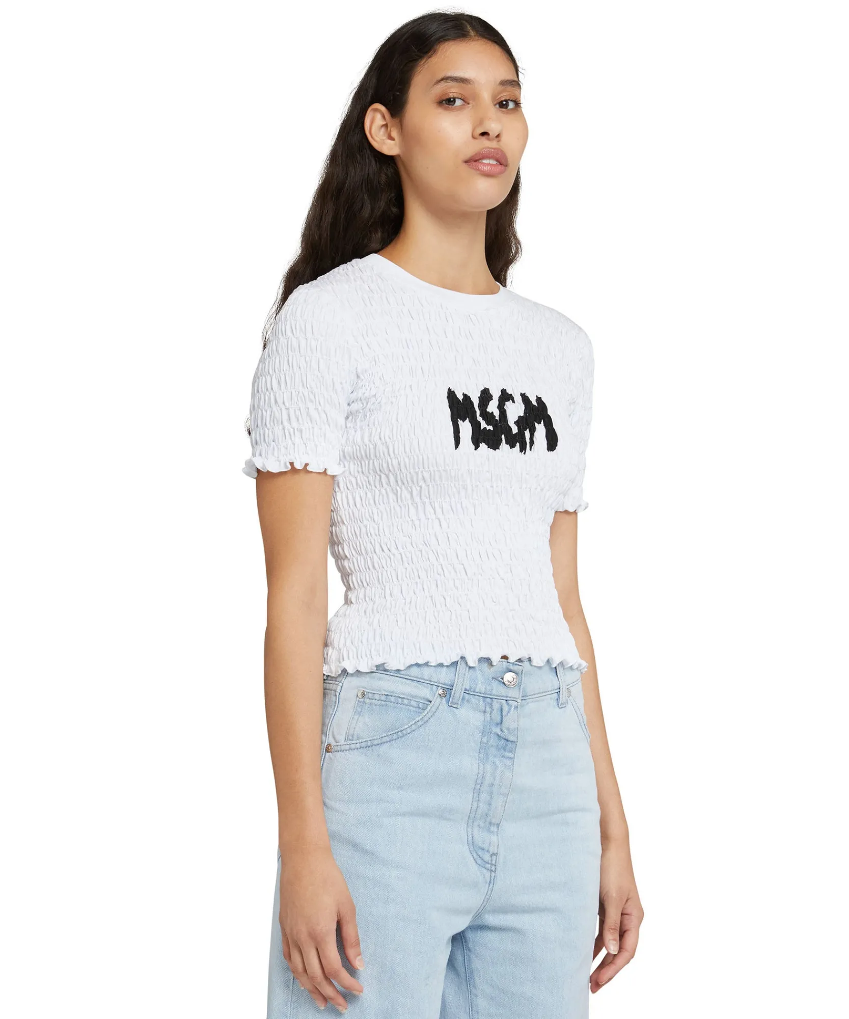 T-Shirt Crop In Cotone Con Lavorazione Punto Smock^MSGM Cheap