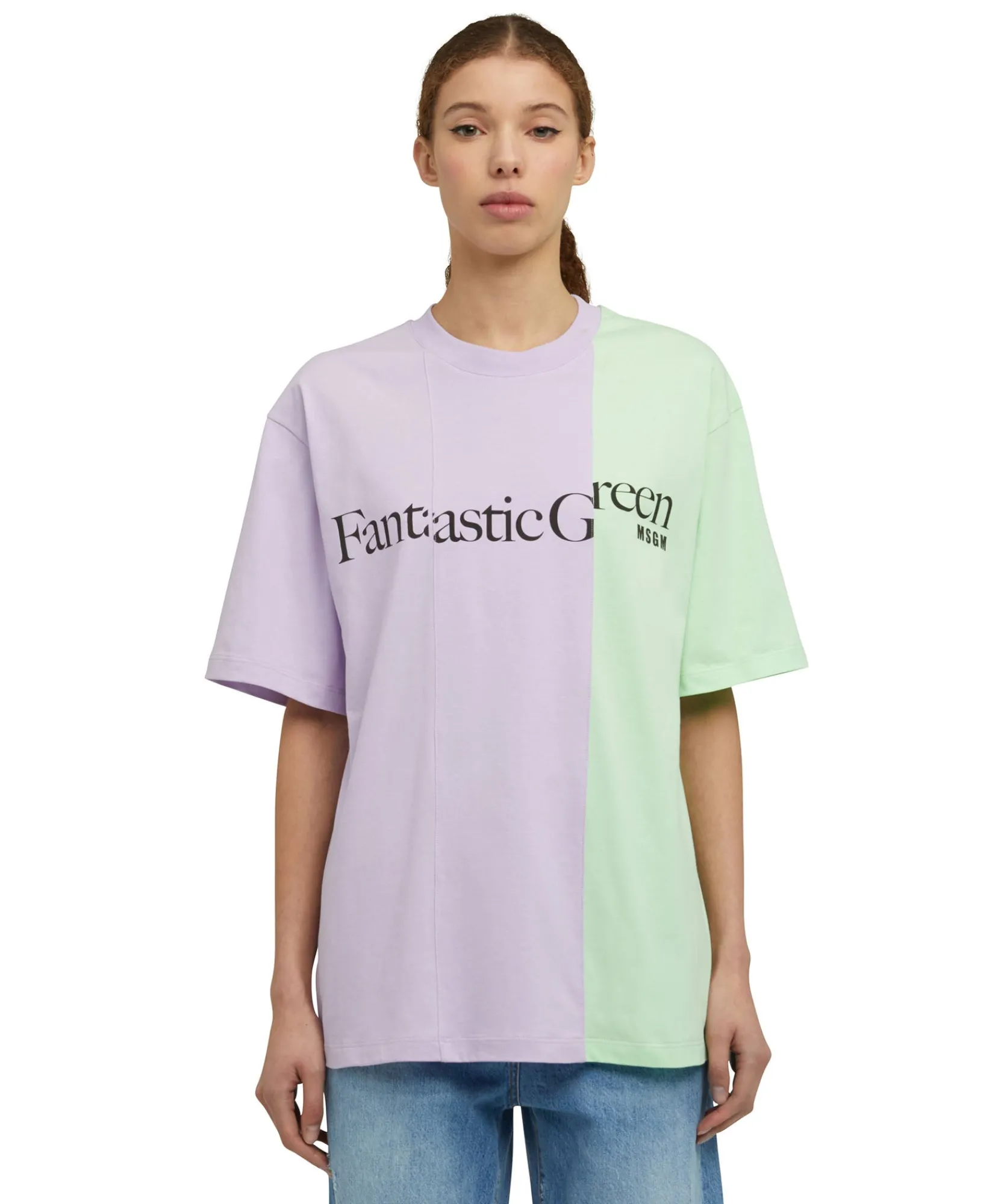 T-Shirt Girocollo Bicolore In Cotone Organico Della Capsule Fantastic Green^MSGM Fashion