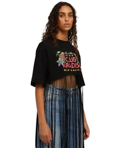 T-Shirt Girocollo Crop Con Frange In Cotone Con Grafica
