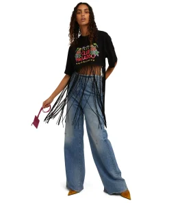 T-Shirt Girocollo Crop Con Frange In Cotone Con Grafica