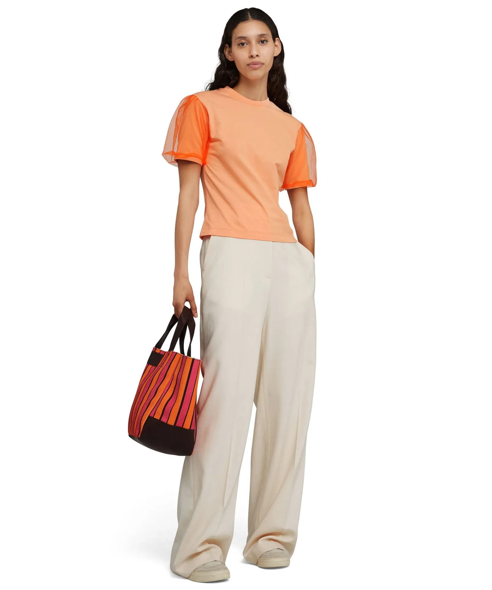 T-Shirt Girocollo In Tinta Unita In Cotone Con Maniche In Tulle^MSGM Discount