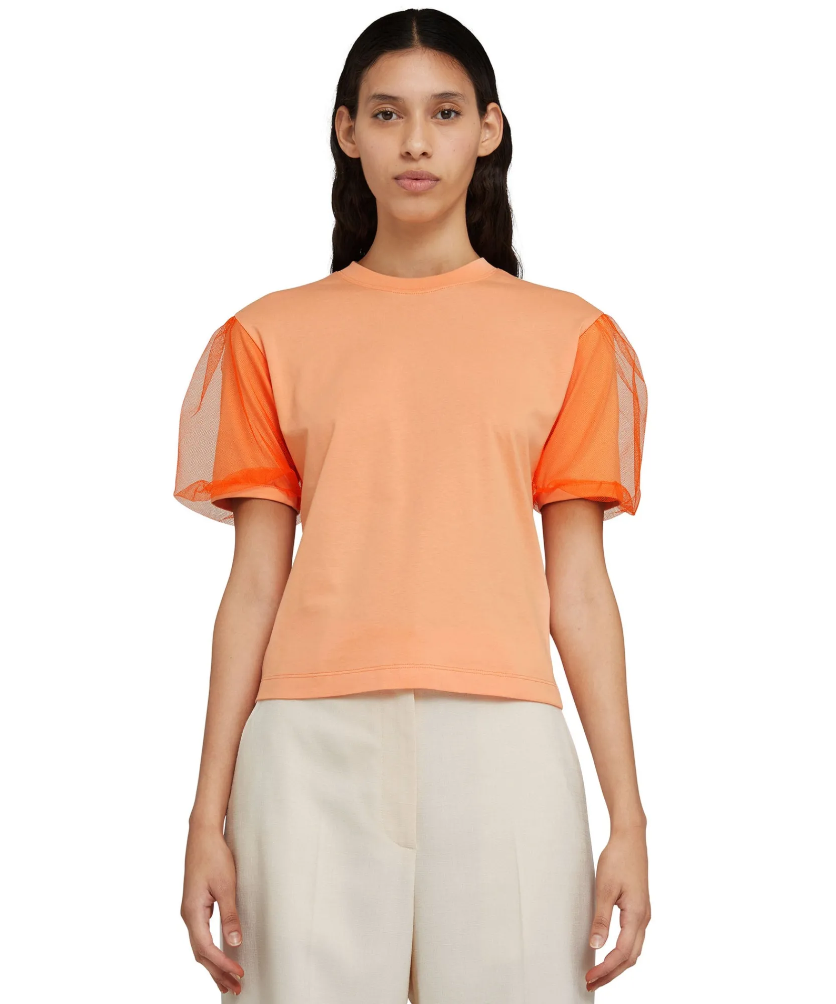 T-Shirt Girocollo In Tinta Unita In Cotone Con Maniche In Tulle^MSGM Discount