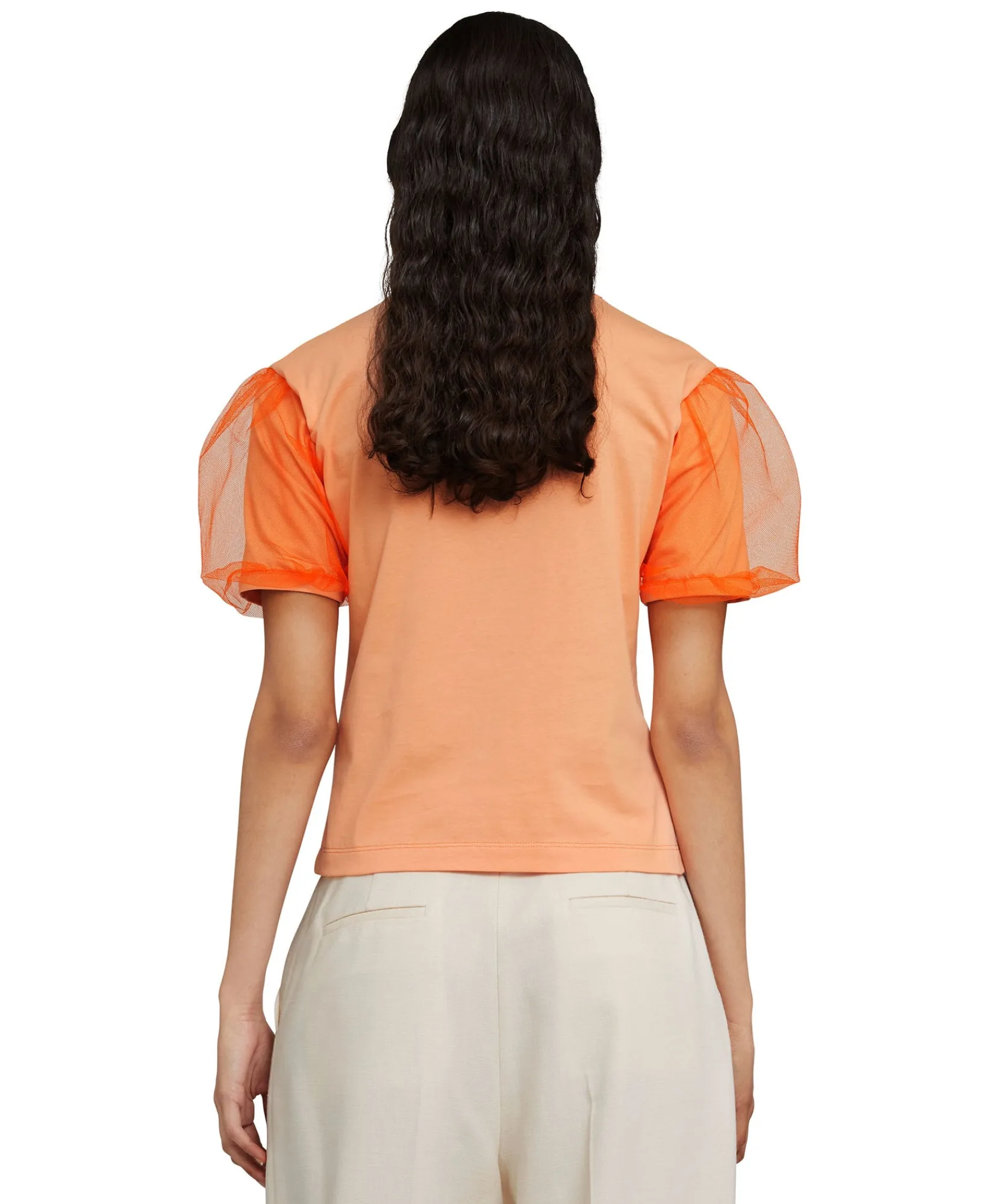 T-Shirt Girocollo In Tinta Unita In Cotone Con Maniche In Tulle^MSGM Discount